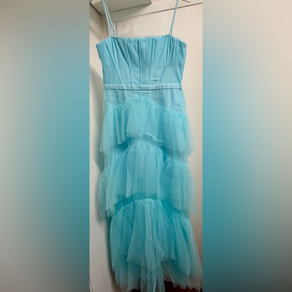 NWT BCBGMaxAzria Aqua Blue Tiered Tulle Maxi Dress